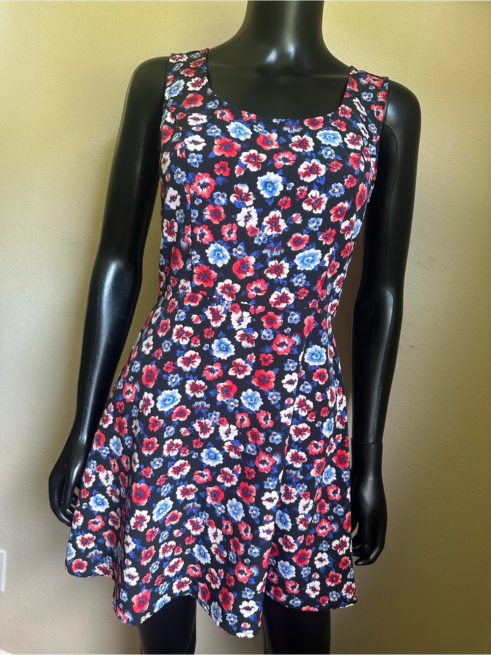 Forever 21 Black Floral Fit & Flare Dress with Red and Blue Blooms
